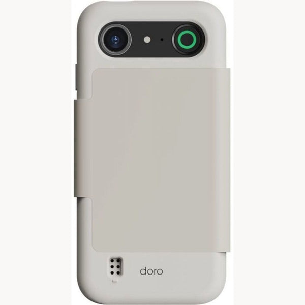 Achterkant lichtgrijze flipcase voor Doro Aurora A10 met beschermende flap