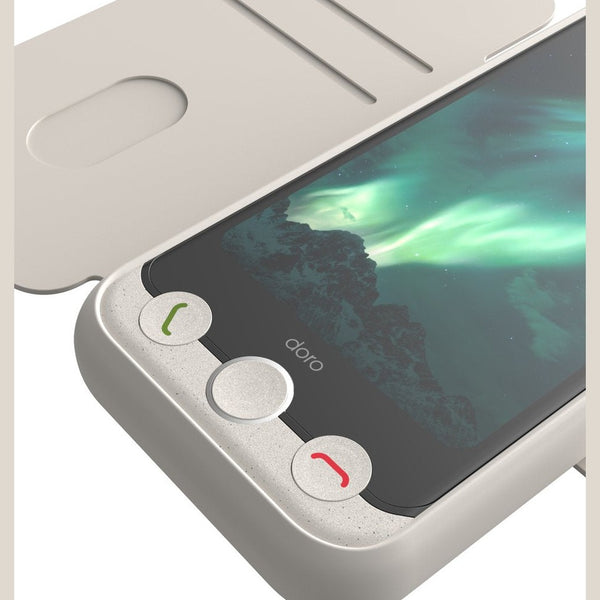 Close-up lichtgrijze flipcase Doro Aurora A10 met fysieke knoppen en textuur