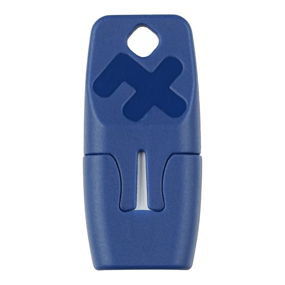 Close-up van compacte blauwe Heat-it plastic behuizing met ingelegd logo