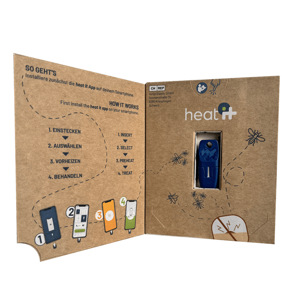 Open verpakking Heat-it insectenbeetheler met instructies en blauw apparaat zichtbaar