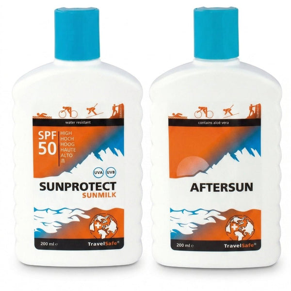 TravelSafe zonnebrandcrème SPF 50 en aftersun set van 2x200ml in witte fles met blauwe dop