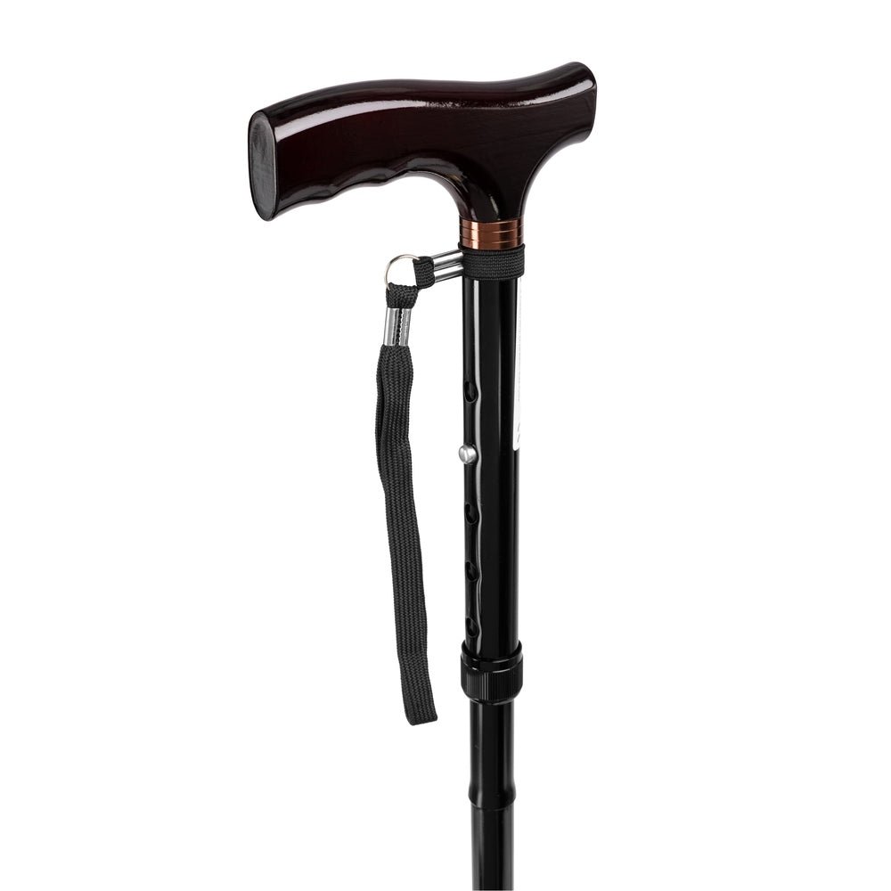 Zwarte opvouwbare wandelstok met ergonomisch handvat en verstelbare aluminium stang