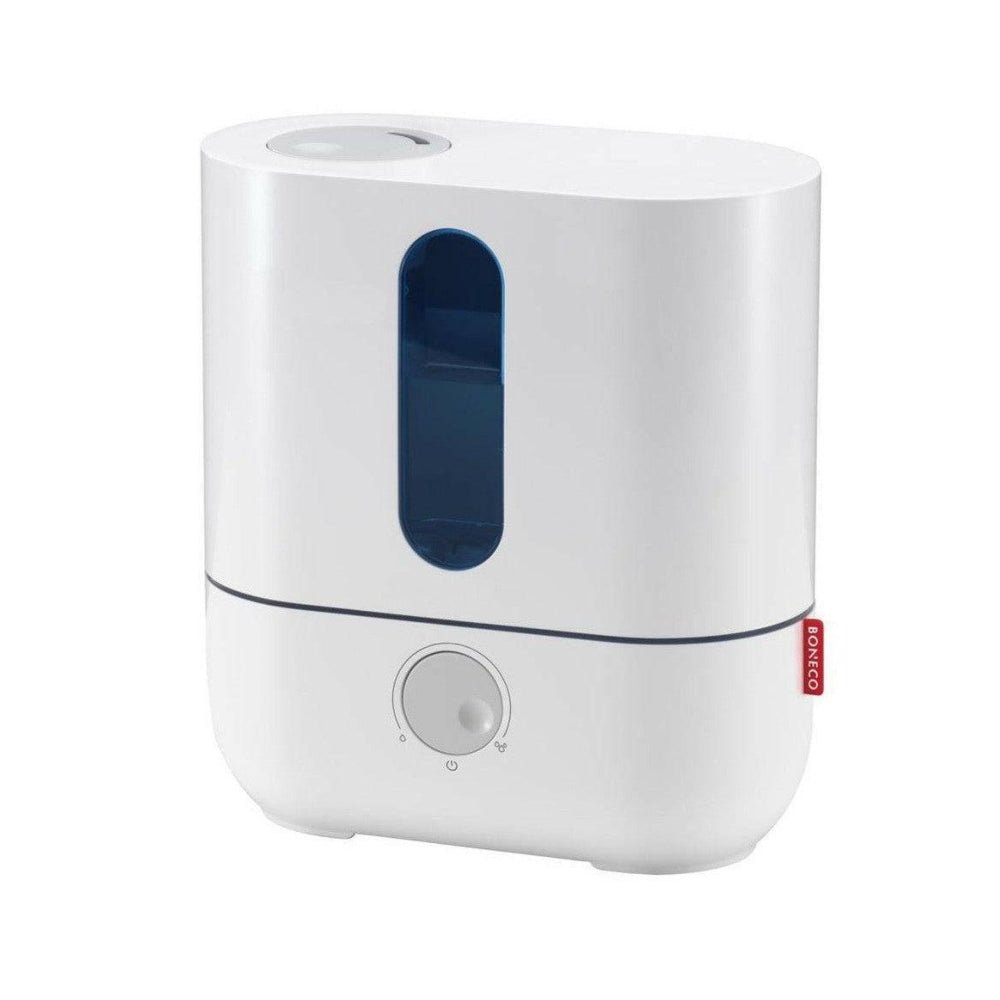 Boneco U200 witte ultrasone luchtbevochtiger met draaiknop en rood etiket
