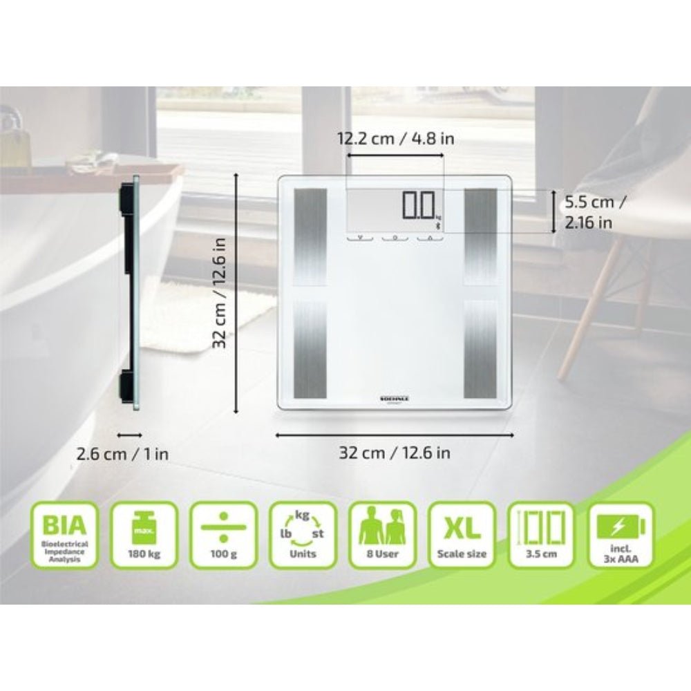 Technische afbeelding Soehnle weegschaal: 32x32 cm, BIA-functie en max 180 kg capaciteit
