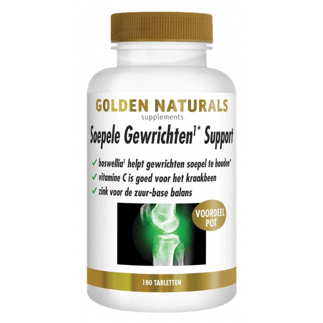 Golden Naturals Soepele Gewrichten Support 180 tabletten fles met röntgenbeeld kniegewricht