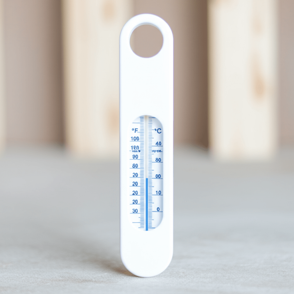 Witte Bébé-jou badthermometer met °C en °F schaal en ophanggaatje op grijze ondergrond