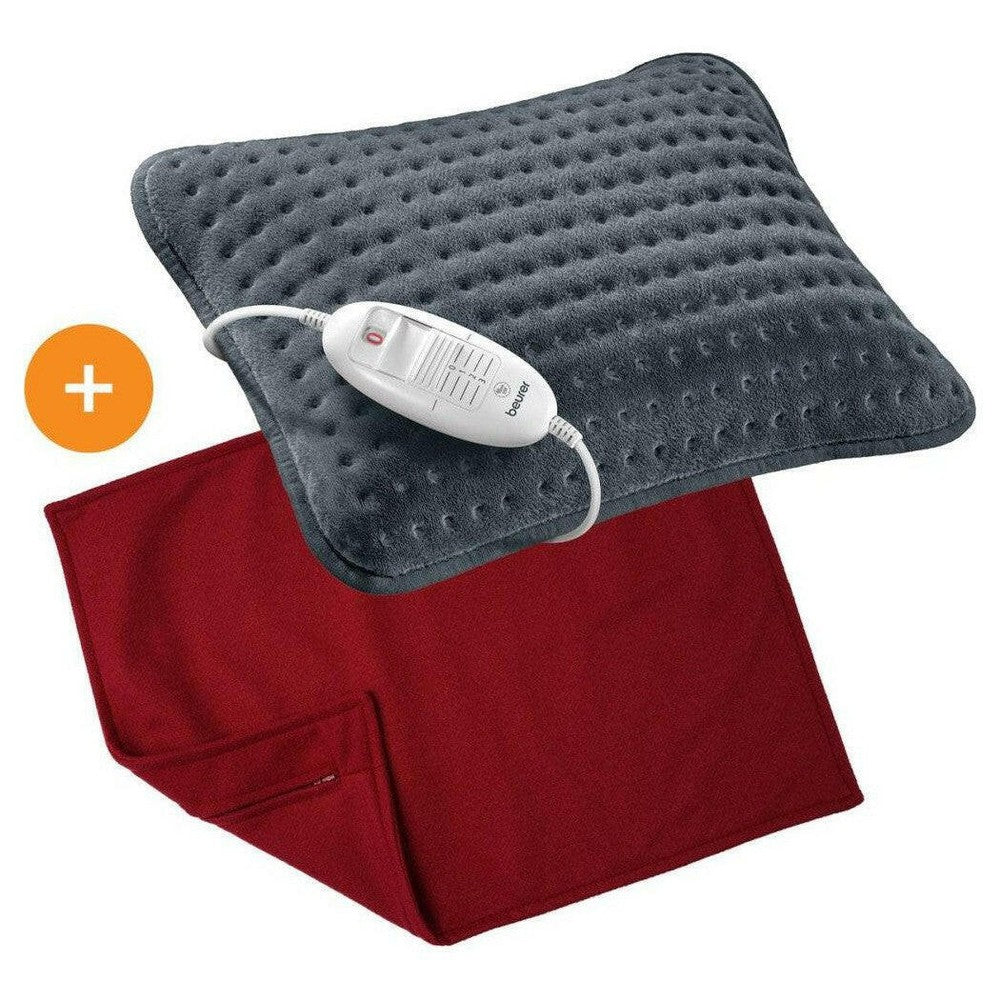Beurer HK 48 elektrisch warmtekussen grijs met bedieningsunit en rode hoes