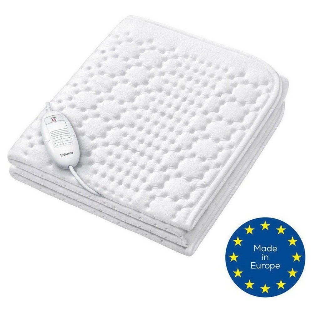 Opgevouwen Beurer TS 19 witte elektrische onderdeken fleece met Made in Europe label