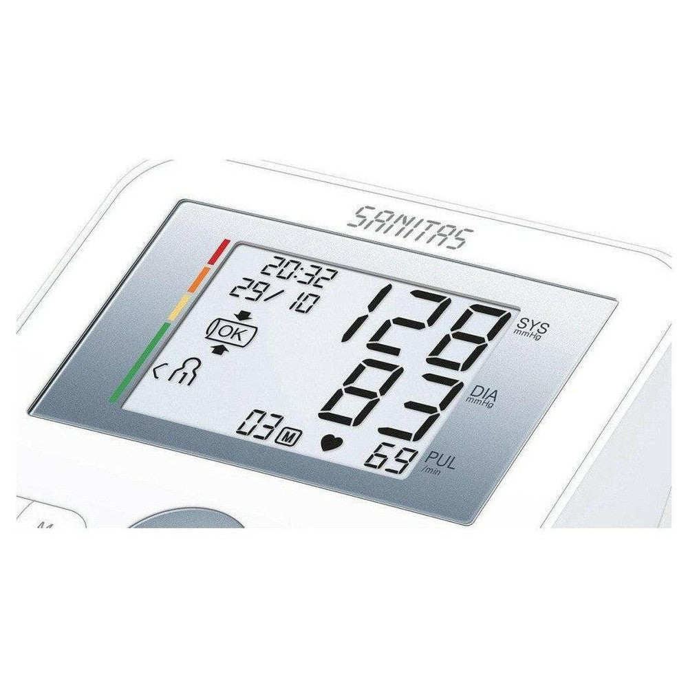 Sanitas bloeddrukmeter scherm met kleurcode en hartslagwaarde