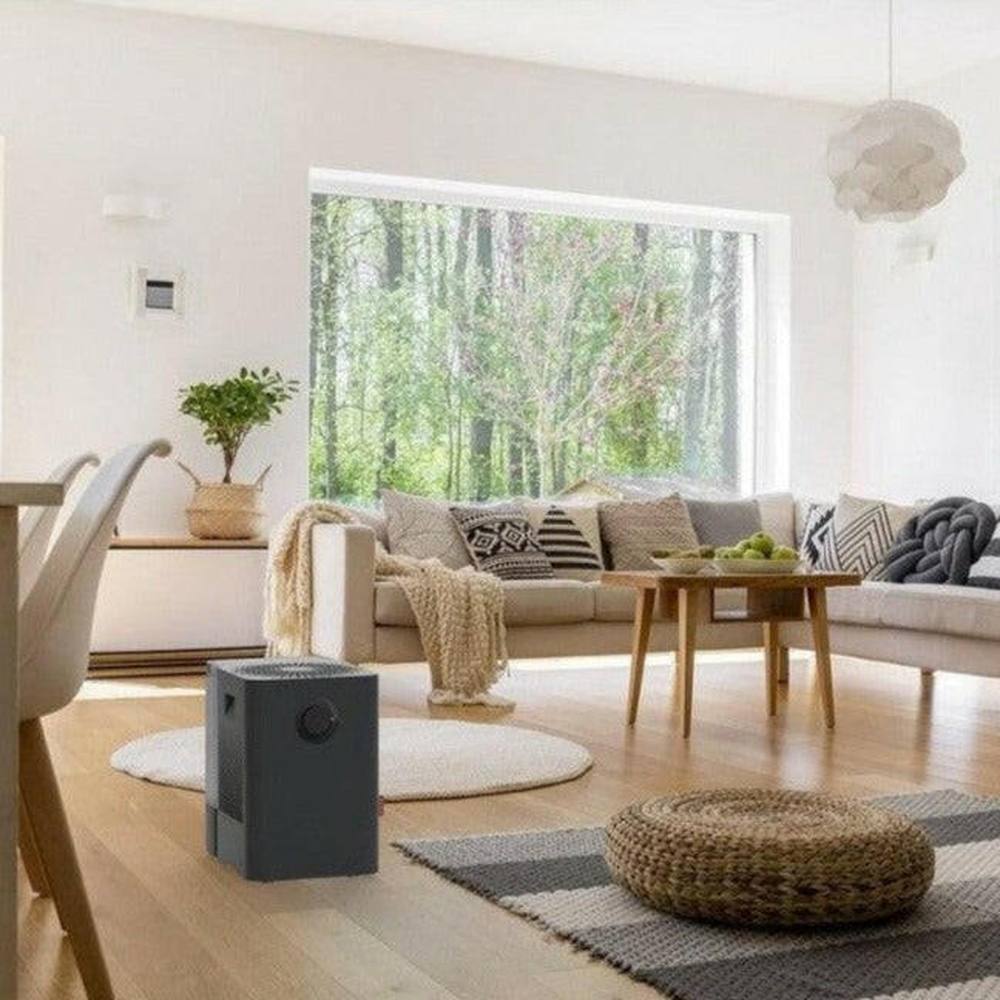 Boneco W300 luchtwasser zwart in moderne woonkamer op houten vloer