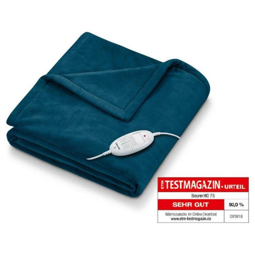 Donkerblauwe Beurer HD 75 deken met ETM TESTMAGAZIN certificering