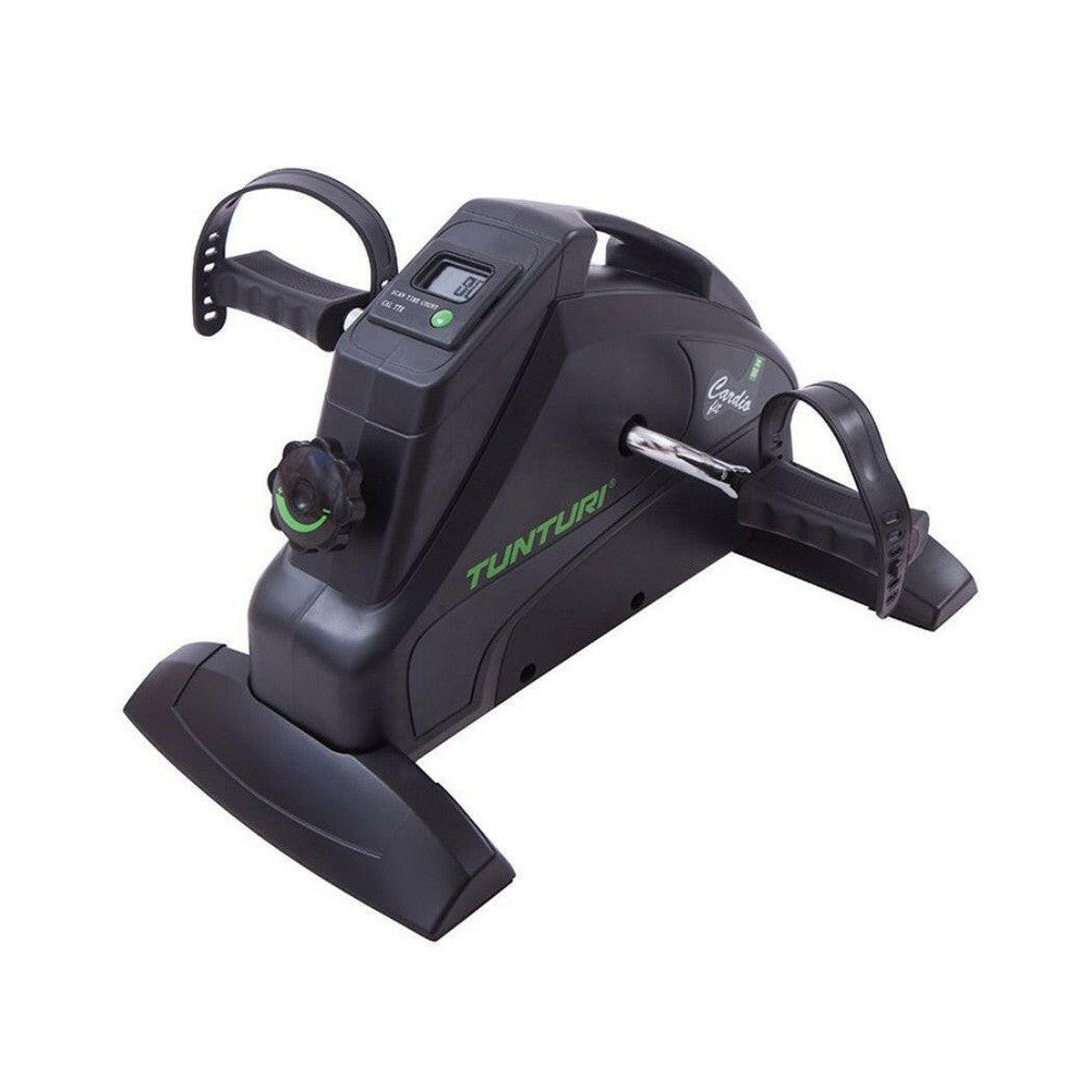Tunturi Cardio Fit M30 Minibike schuin perspectief zwarte fietstrainer met display en stabilisatievoeten