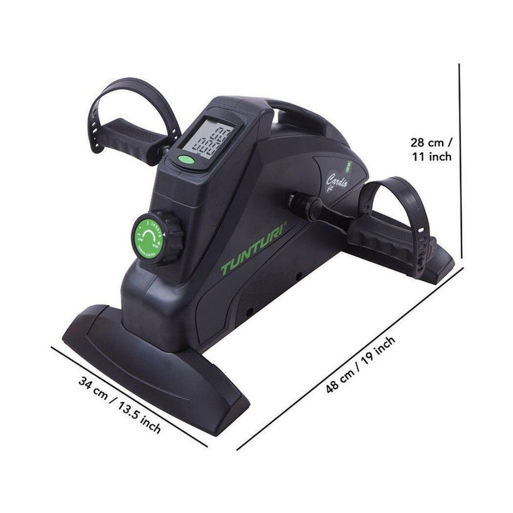 Afmetingen van compacte zwarte Tunturi Cardio Fit M35 Minibike met display
