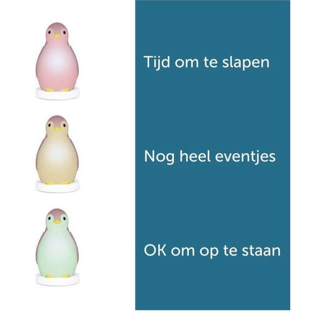 Drie kleuren Zazu pinguïn slaaptrainer met slaaptijd labels