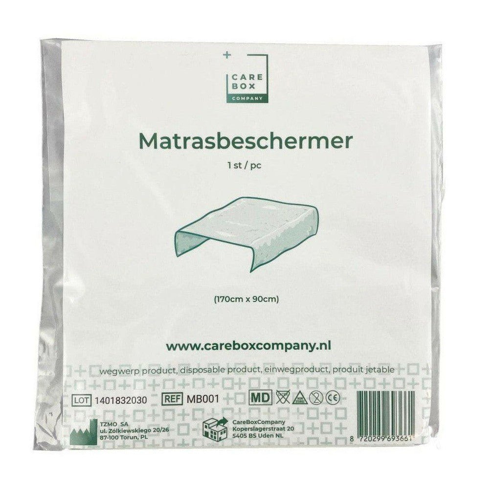 Verpakking matrasbeschermer 170x90 cm wit van CareBoxCompany met groene tekst en medische keurmerken