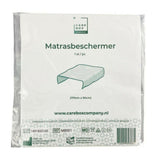 Verpakking matrasbeschermer 170x90 cm wit van CareBoxCompany met groene tekst en medische keurmerken