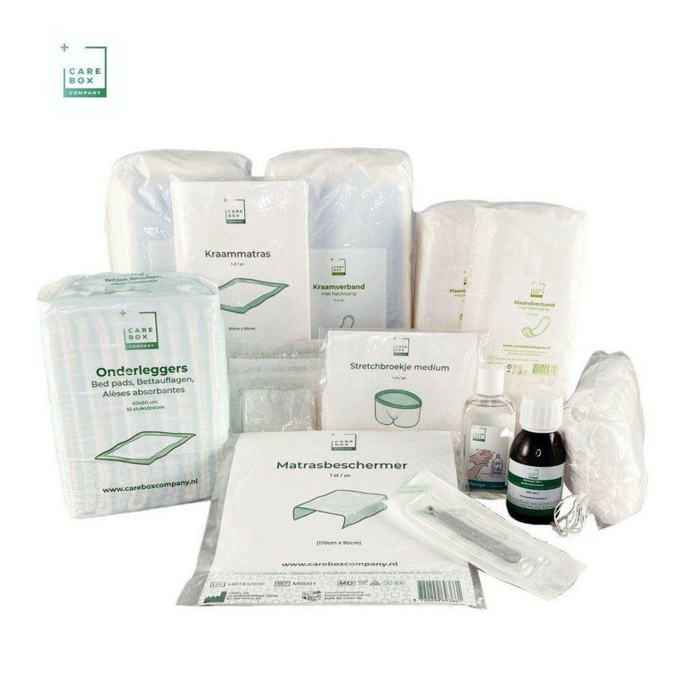 Kraampakket The Mommy box basis met verzorgingsproducten voor bevalling en kraamtijd van CareBox Company