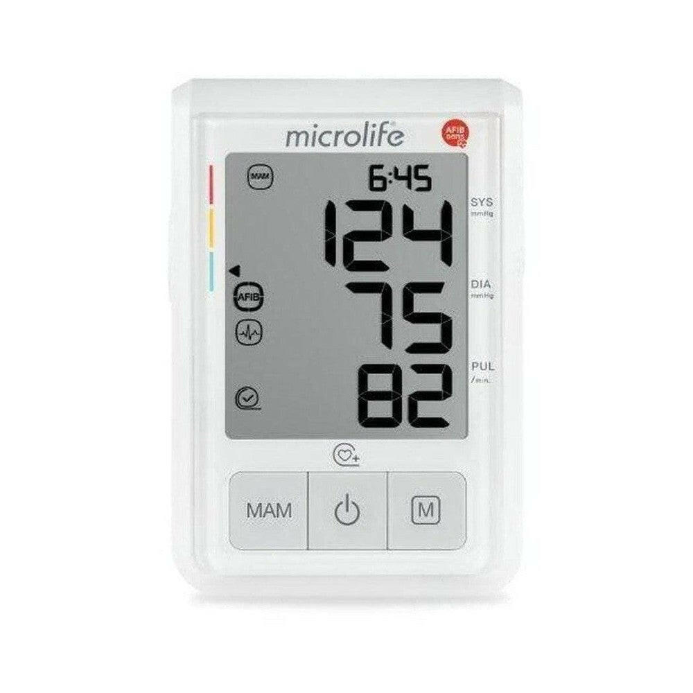 Witte Microlife bovenarmbloeddrukmeter met AFIB-detectie en geheugenfunctie