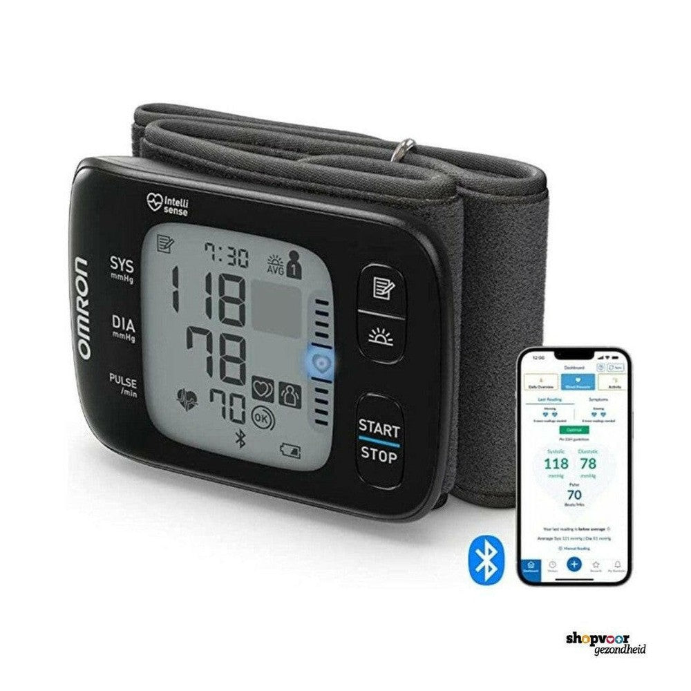 Omron RS7 Intelli IT polsbloeddrukmeter gekoppeld aan smartphone via Bluetooth app