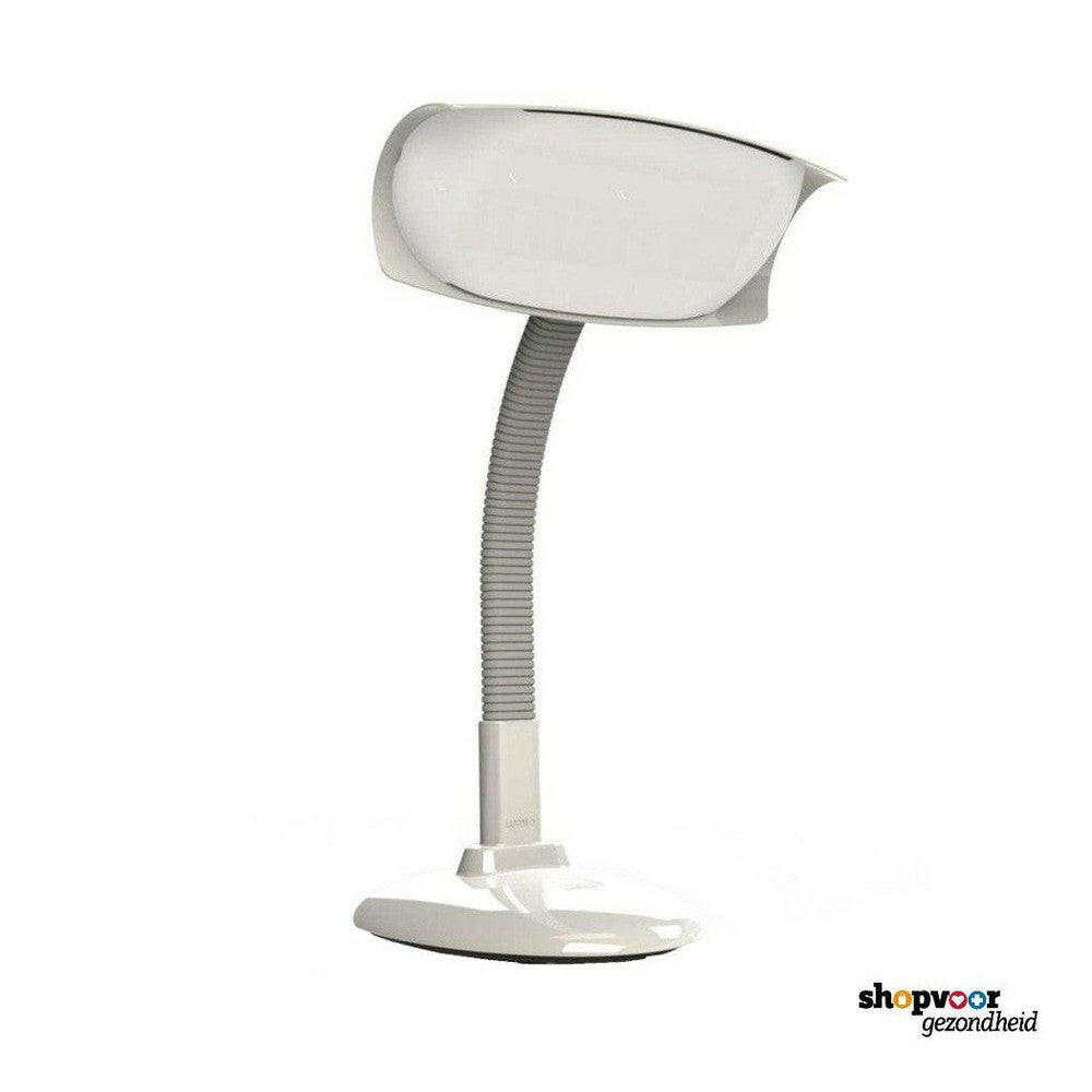 Lumie bureaulamp witte voet met merklogo en gebogen arm