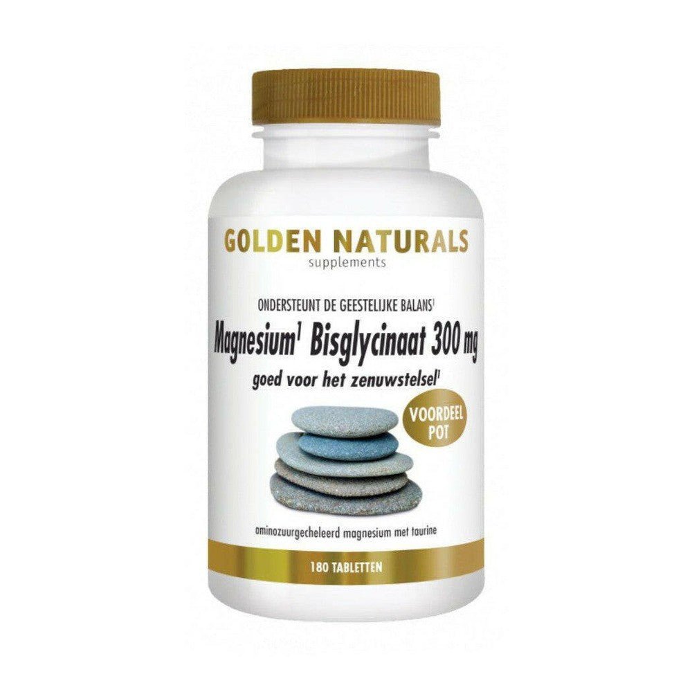 Golden Naturals Magnesium Bisglycinaat 300 mg 180 tabletten in witte fles met gouden dop