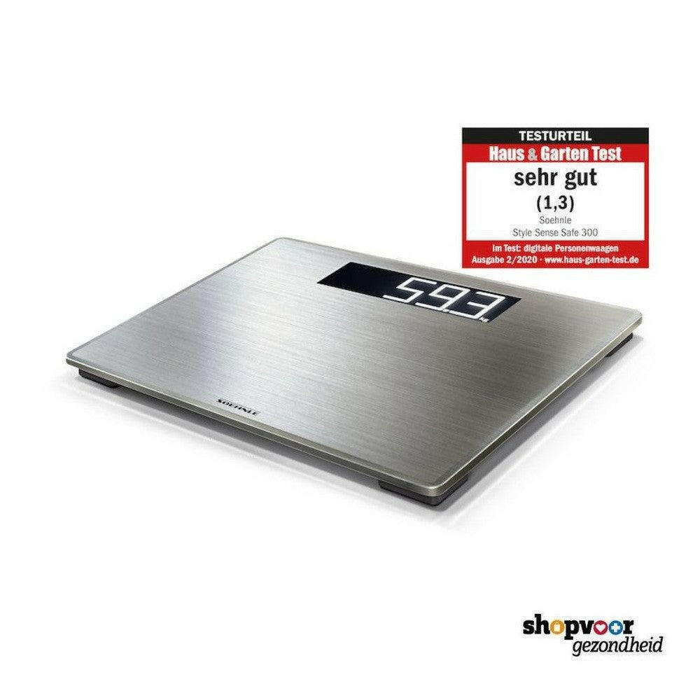 Soehnle Style Sense Safe 300 weegschaal met testcertificaat Sehr gut en verlicht display op witte achtergrond