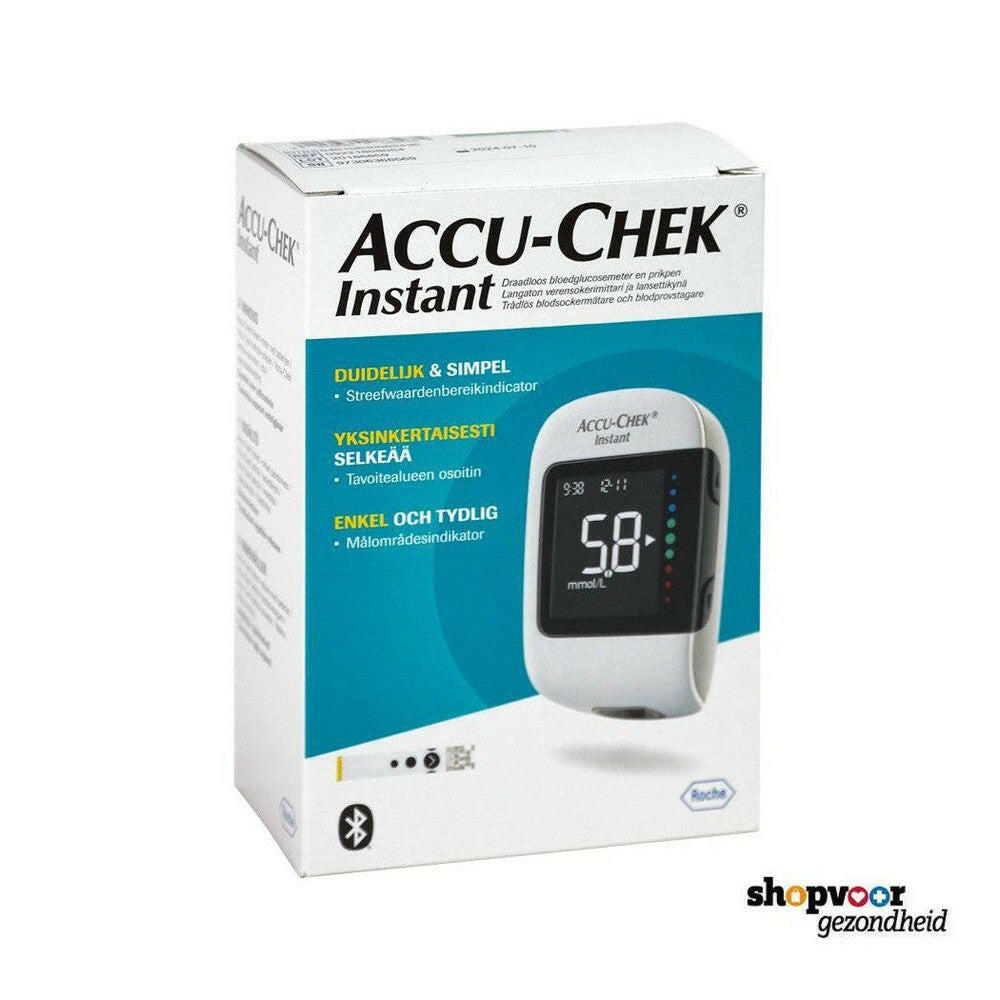 Verpakking Accu-Chek Instant glucosemeter met Bluetooth-logo