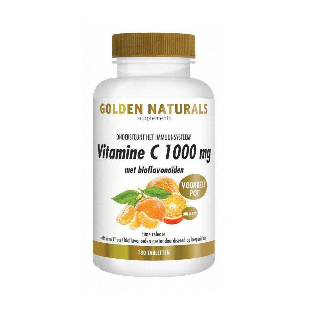 Golden Naturals Vitamine C 1000 mg + bioflavonoïden 180 tabletten in witte fles met gouden dop