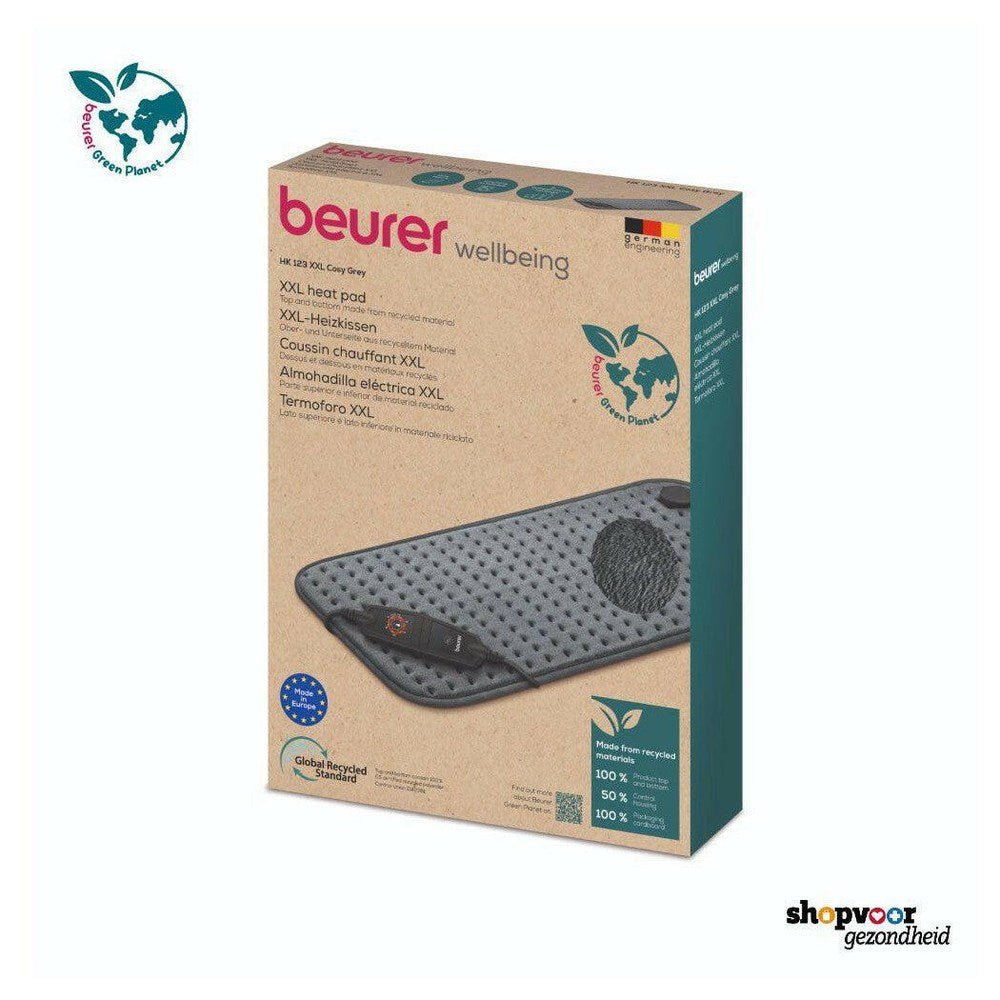 Beurer XXL warmtekussen verpakt in bruin karton met Green Planet logo en gerecycled materiaal