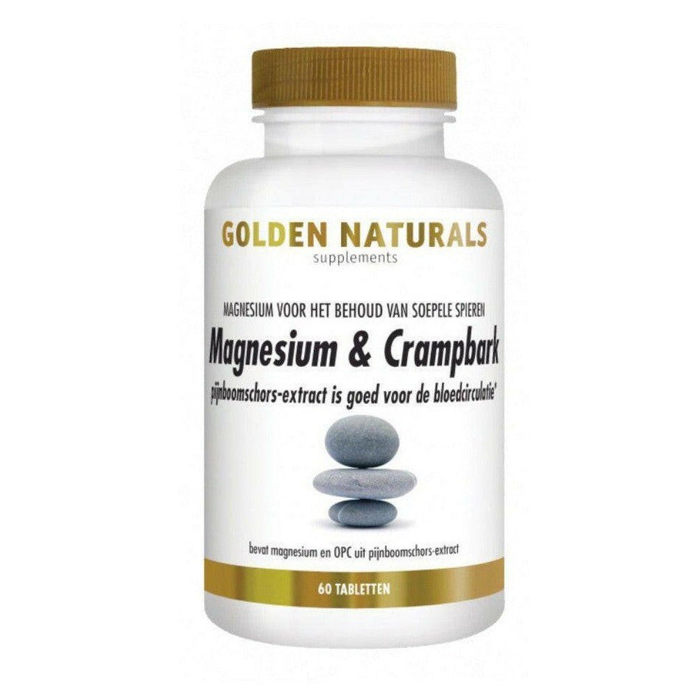 Golden Naturals Magnesium & Crampbark 60 tabletten fles met wit etiket en gouden dop