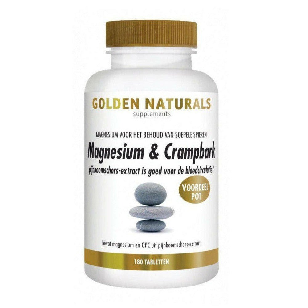 Golden Naturals Magnesium & Crampbark 180 tabletten fles met gouden deksel voor soepele spieren