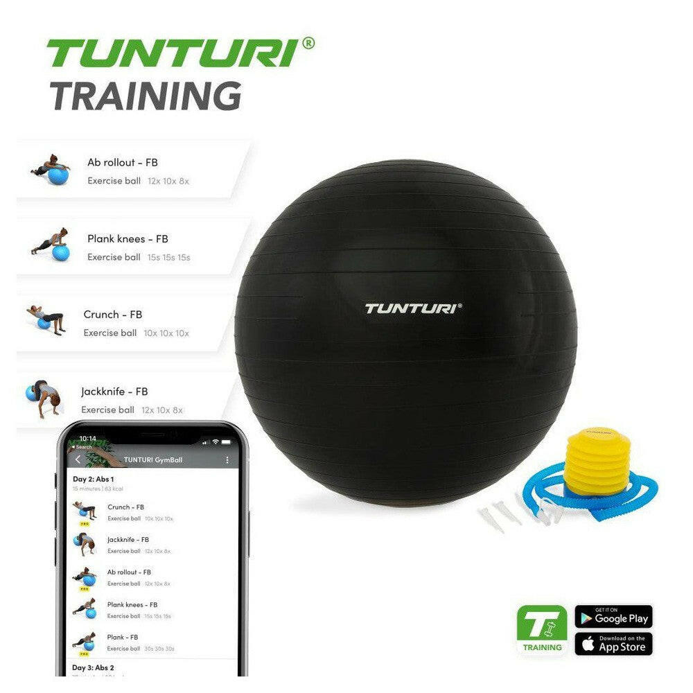 Tunturi zwarte fitnessbal 55cm met pomp en app voor thuisoefeningen