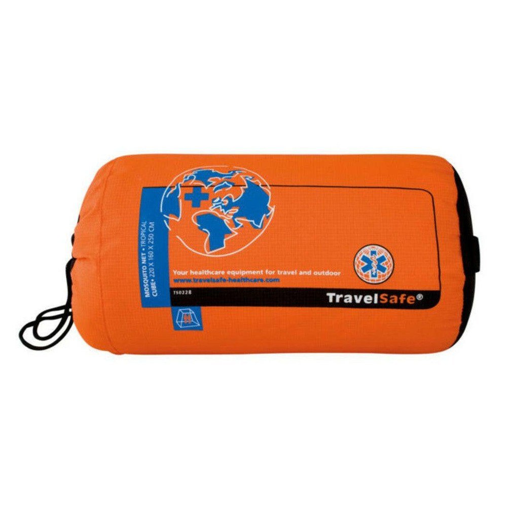 Opgevouwen TravelSafe Cube Tropical klamboe in draagzak met etiket