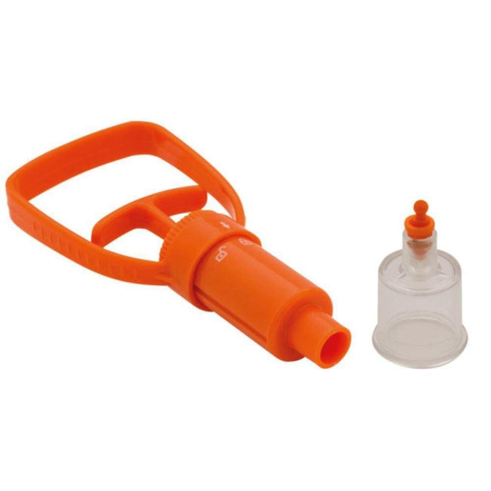 Oranje TravelSafe insectengif extractor met los zuigkapje en witte bedieningspictogrammen