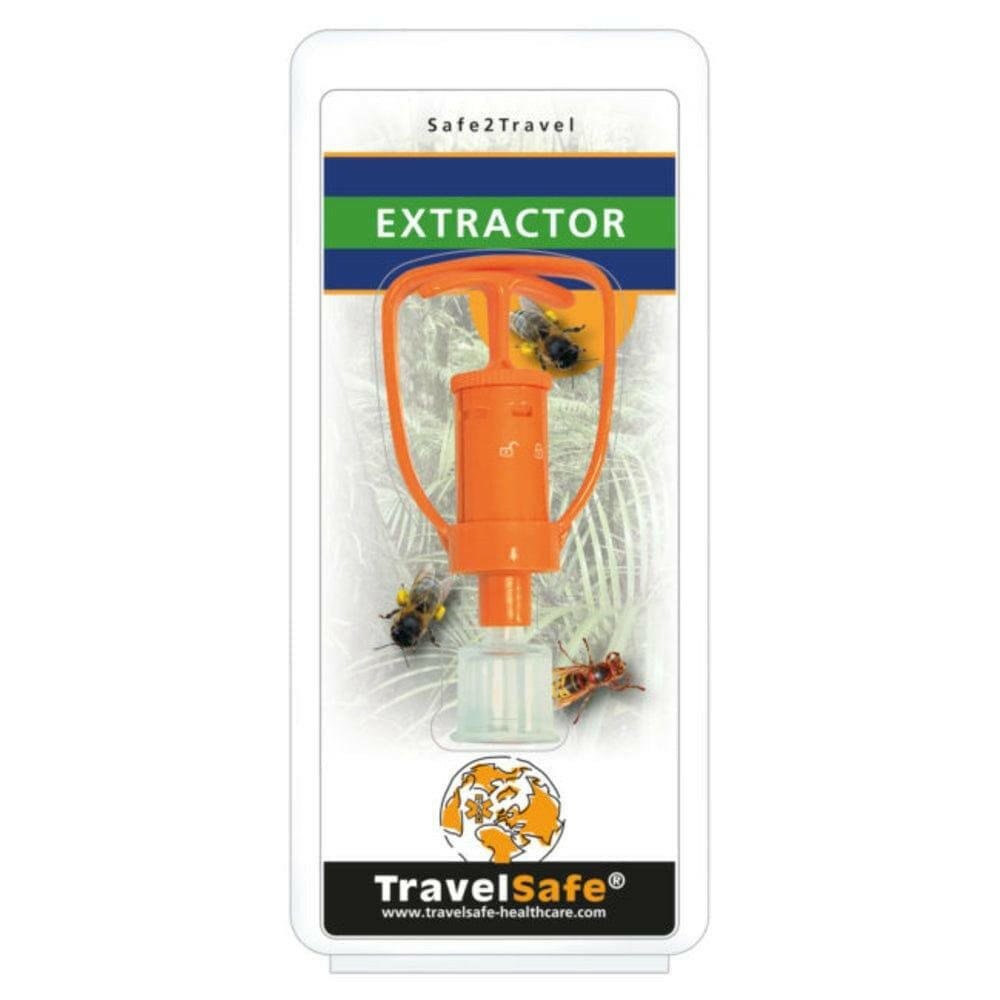 Verpakking TravelSafe Extractor oranje vacuümpomp voor insectenbeet met groene Safe2Travel label