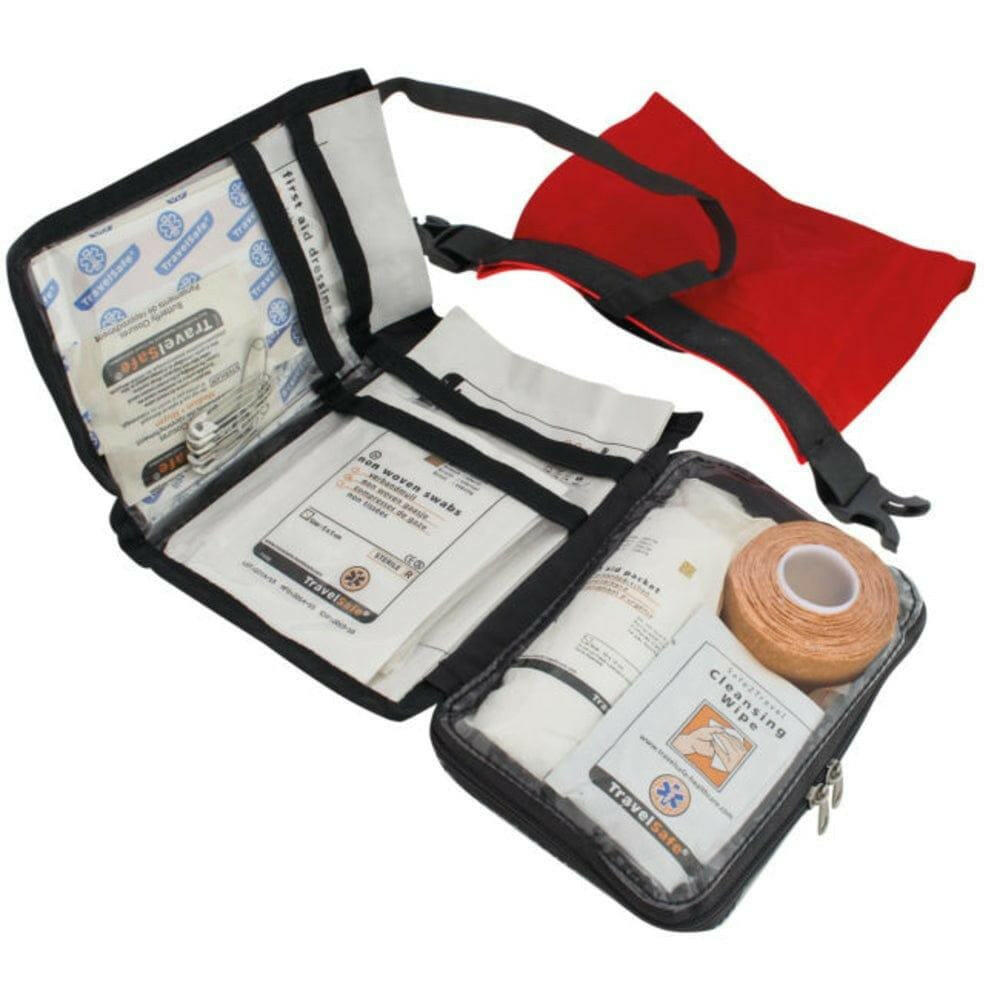 Open TravelSafe EHBO-kit met transparante vakken en 43-delige inhoud