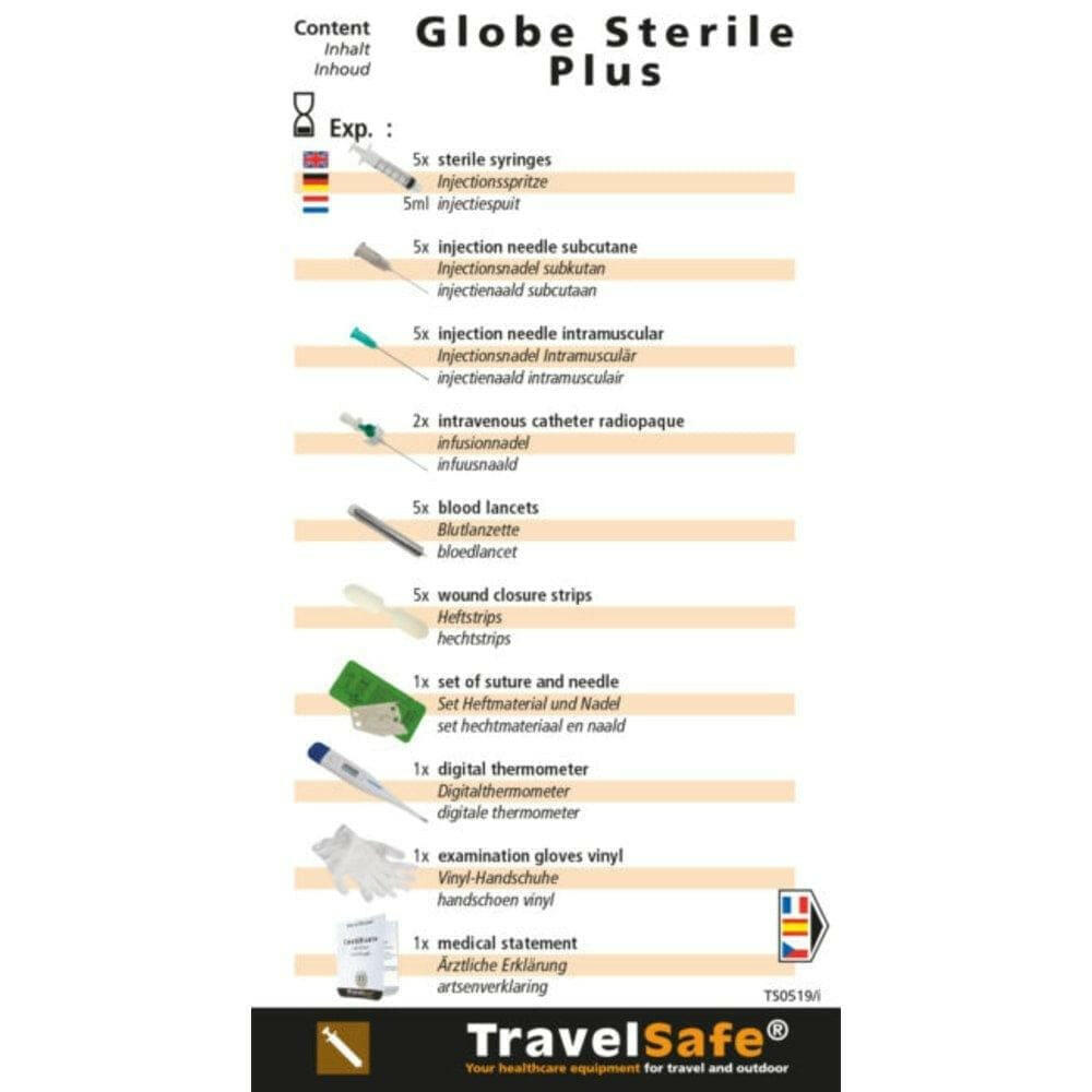 Inhoudslijst Globe Sterile Plus EHBO-kit met syringes en thermometer