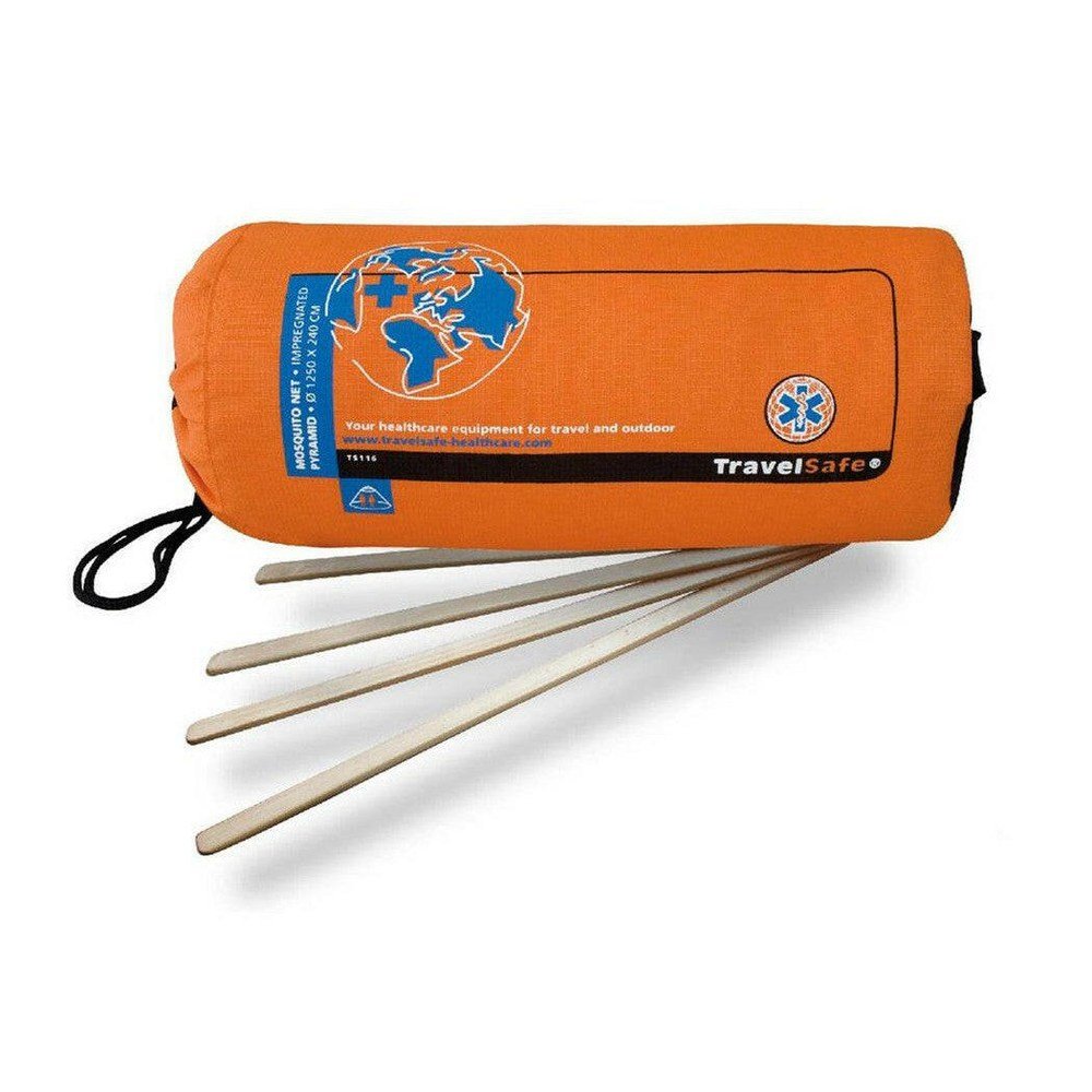 TravelSafe opgerolde mosquitonetto tas met staven en label