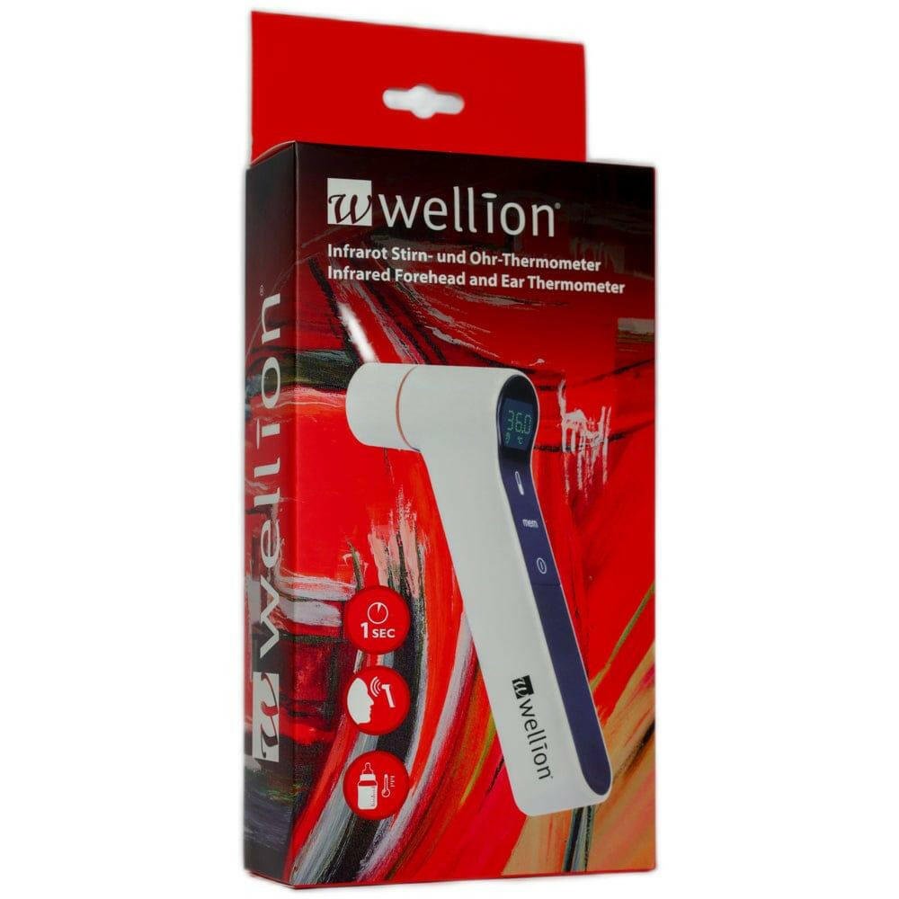 Verpakking Wellion infrarood thermometer met 1-seconde meting en iconen voor oor en flesje