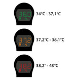 Digitale display van Wellion thermometer met groene, oranje en rode koortsindicatie