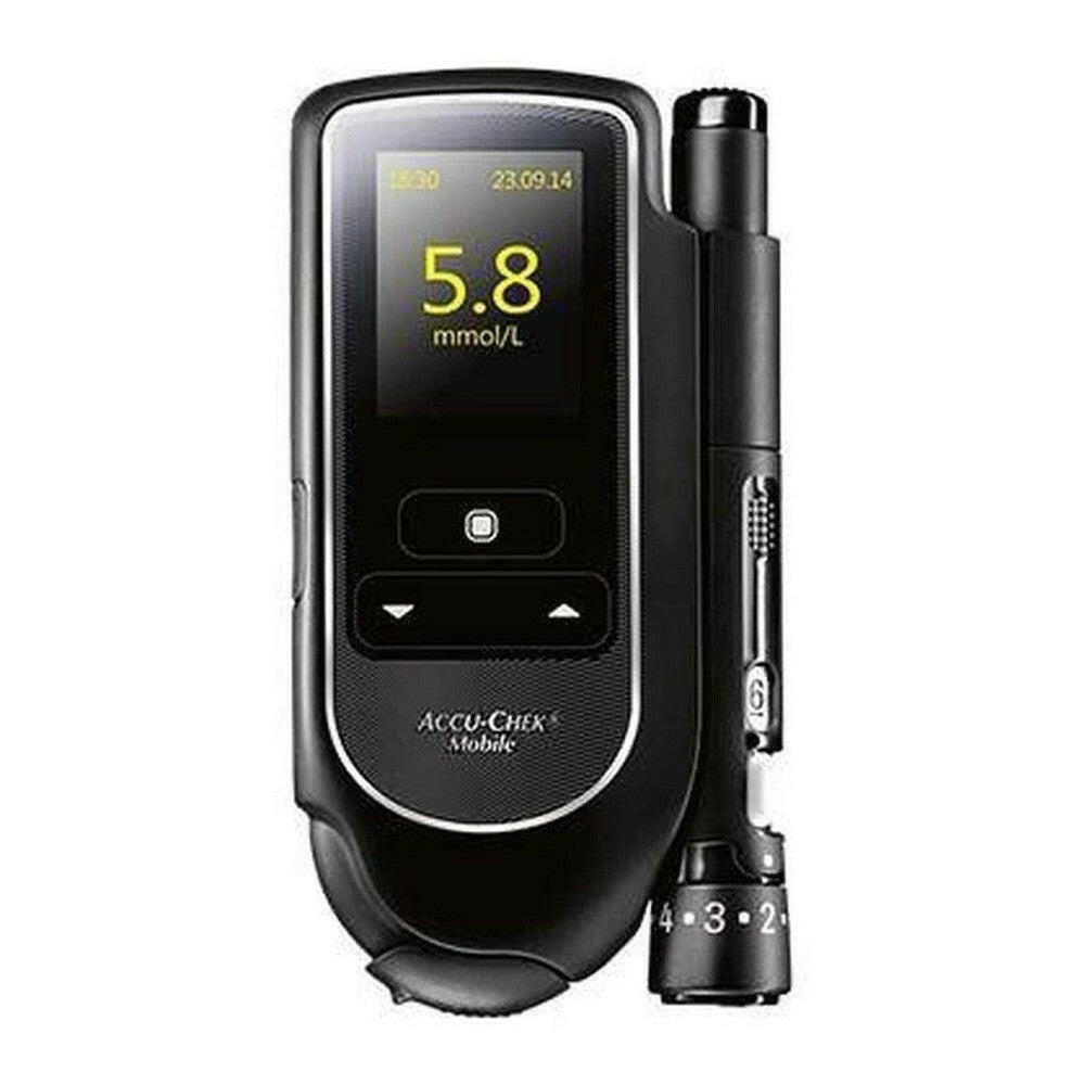 Zwarte Accu-Chek Mobile glucosemeter met display en aanhechte prikpen