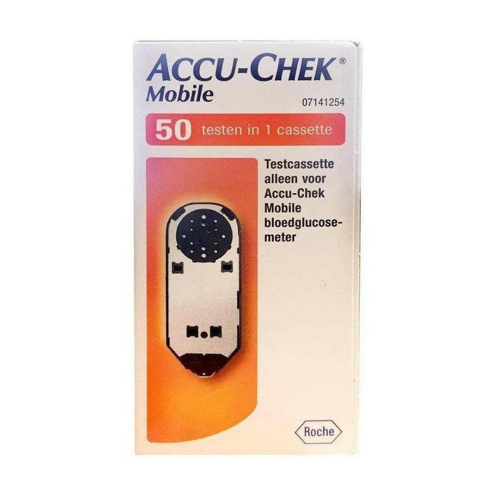 Accu-Chek Mobile testcassette voor 50 glucosemetingen in witte verpakking met oranje-roze accenten