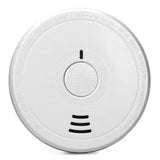 Witte Alecto rookmelder met TEST/HUSH knop en multilinguale waarschuwingslabels