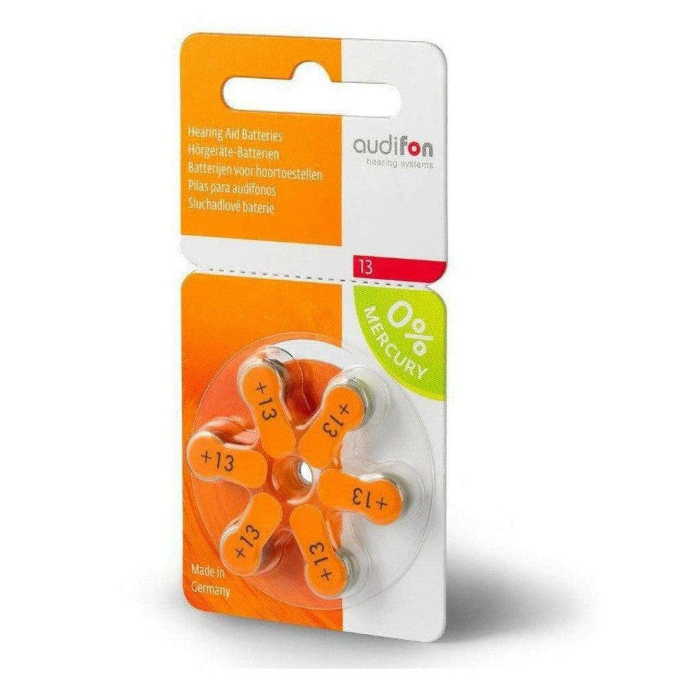 Oranje verpakking Audifon P13 hoortoestelbatterijen 60 stuks met 0% kwik