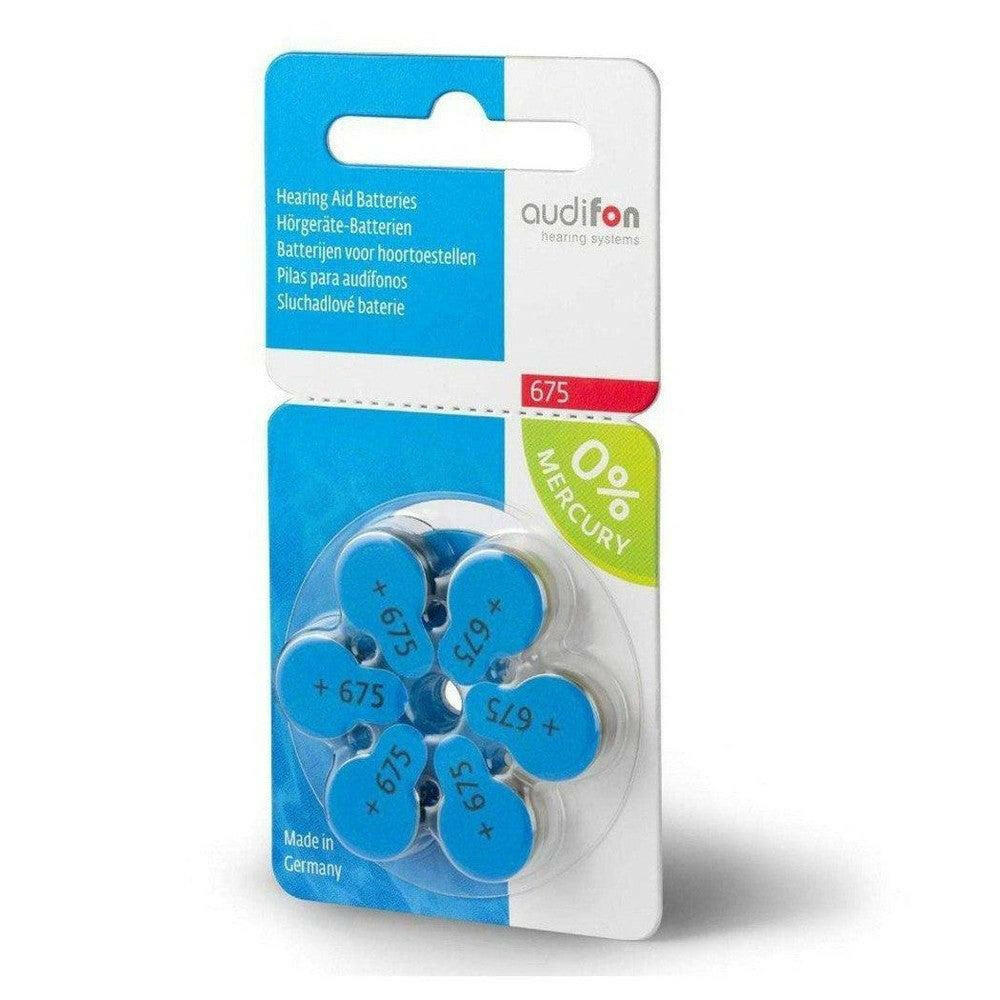Blauwe Audifon P675 hoortoestelbatterijen in individuele blisterverpakking, 0% kwik