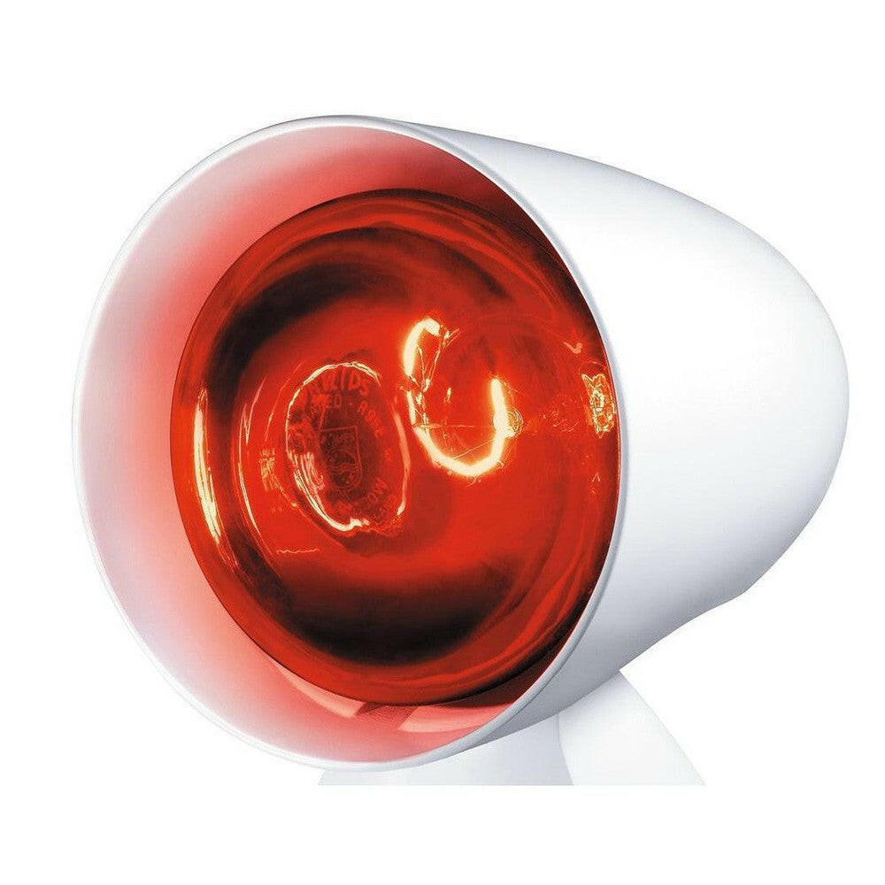 Beurer IL11 infraroodlamp close-up met glanzende rode kap en gloeiend filament