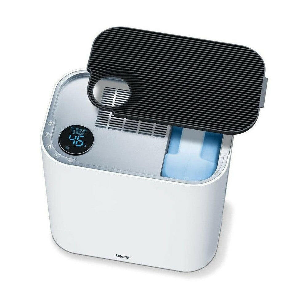 Beurer LR330 bovenkant met opgeheven ventilatiedeksel en zichtbaar blauw waterreservoir