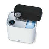 Beurer LR330 bovenkant met opgeheven ventilatiedeksel en zichtbaar blauw waterreservoir