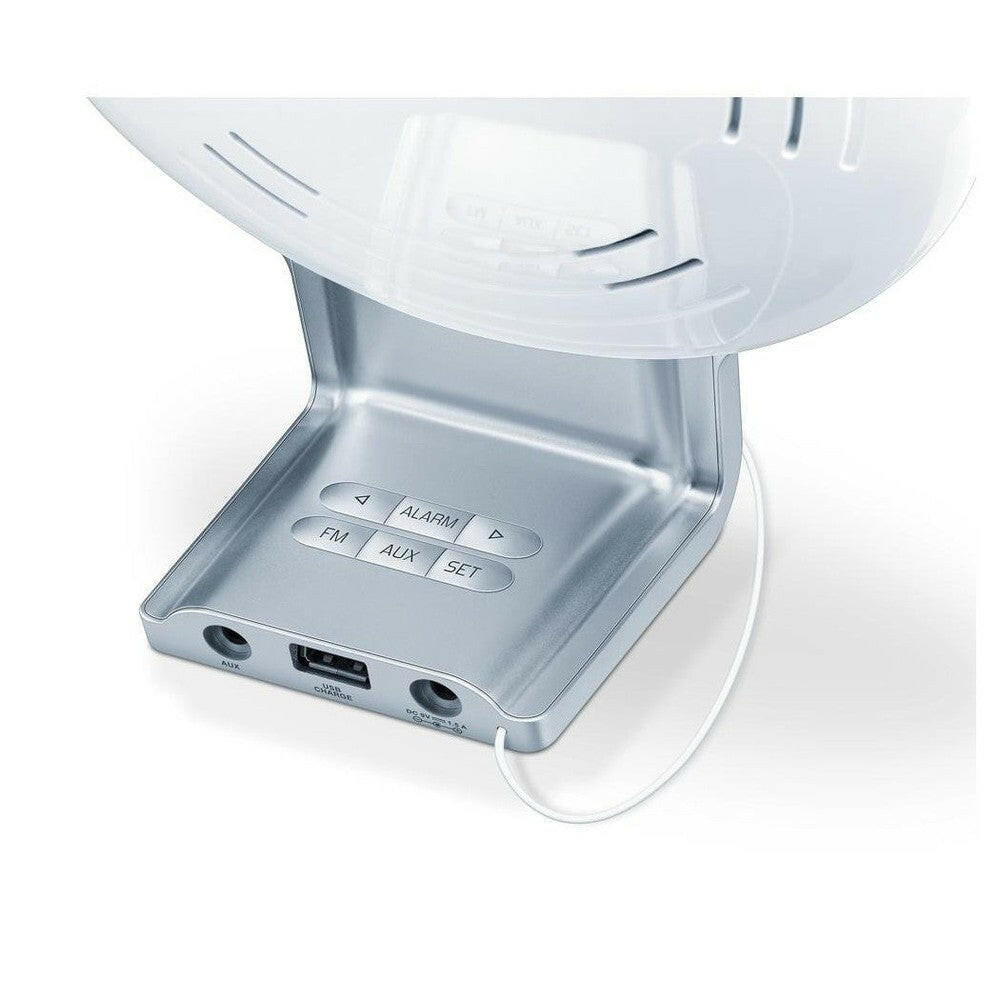 Beurer WL75 achterzijde met USB-lading, AUX-ingang en FM-radio knoppen