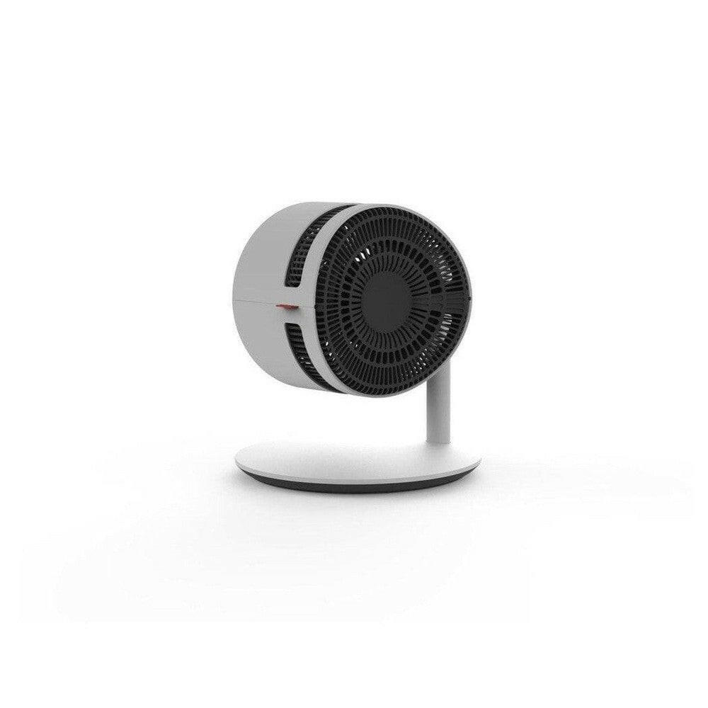 Witte Boneco F210 tafelventilator met ronde zwarte kop en slanke steel